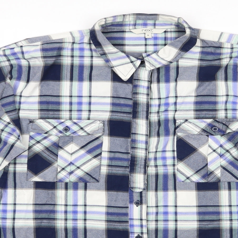 NEXT Womens Blue Check Cotton Basic Button-Up Size 16 Collared - Blue Green Grey Purple Check Part concealed buttons