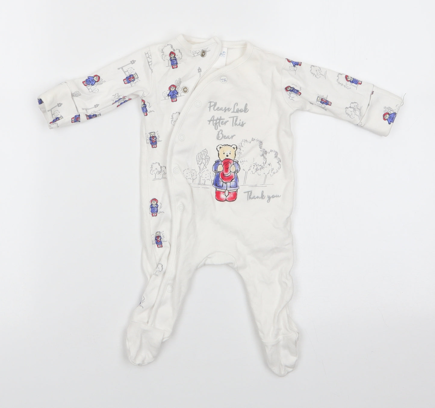 Paddington For Baby Boys Ivory Animal Print Cotton Babygrow One-Piece Size Newborn  Snap - Please look after this bear Pullover cuff mittens
