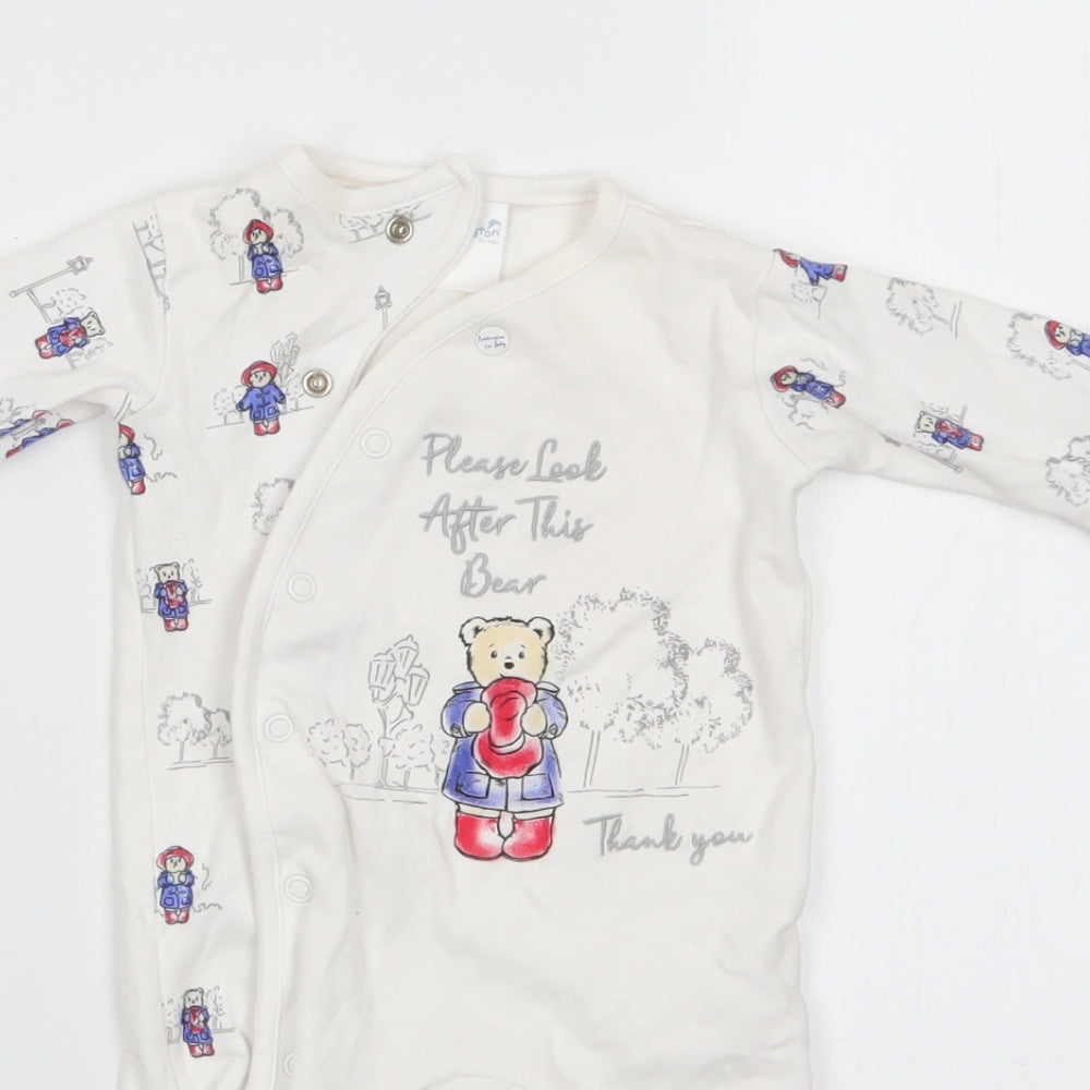 Paddington For Baby Boys Ivory Animal Print Cotton Babygrow One-Piece Size Newborn  Snap - Please look after this bear Pullover cuff mittens