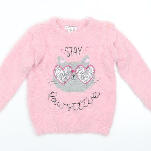 Primark Girls Pink Round Neck Animal Print Nylon Pullover Jumper Size 3-4 Years   - Stay Pawsitive Cat with sequin glasses face Bubblegum pink Soft