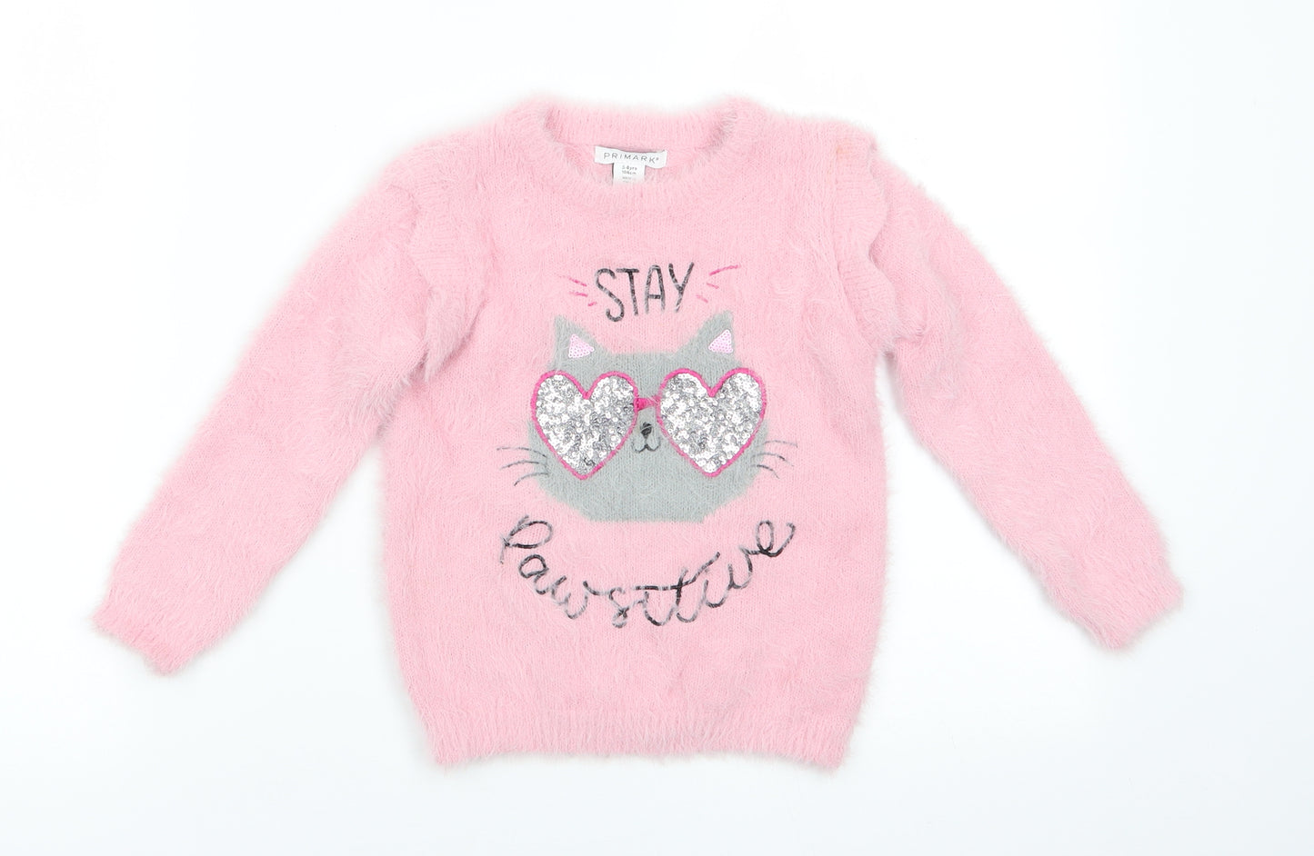Primark Girls Pink Round Neck Animal Print Nylon Pullover Jumper Size 3-4 Years   - Stay Pawsitive Cat with sequin glasses face Bubblegum pink Soft