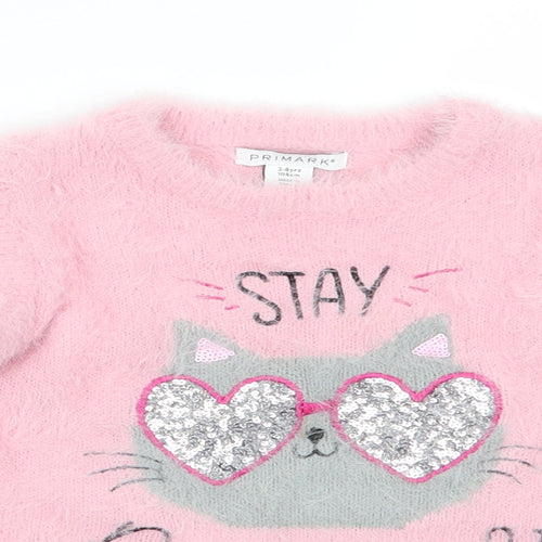 Primark Girls Pink Round Neck Animal Print Nylon Pullover Jumper Size 3-4 Years   - Stay Pawsitive Cat with sequin glasses face Bubblegum pink Soft
