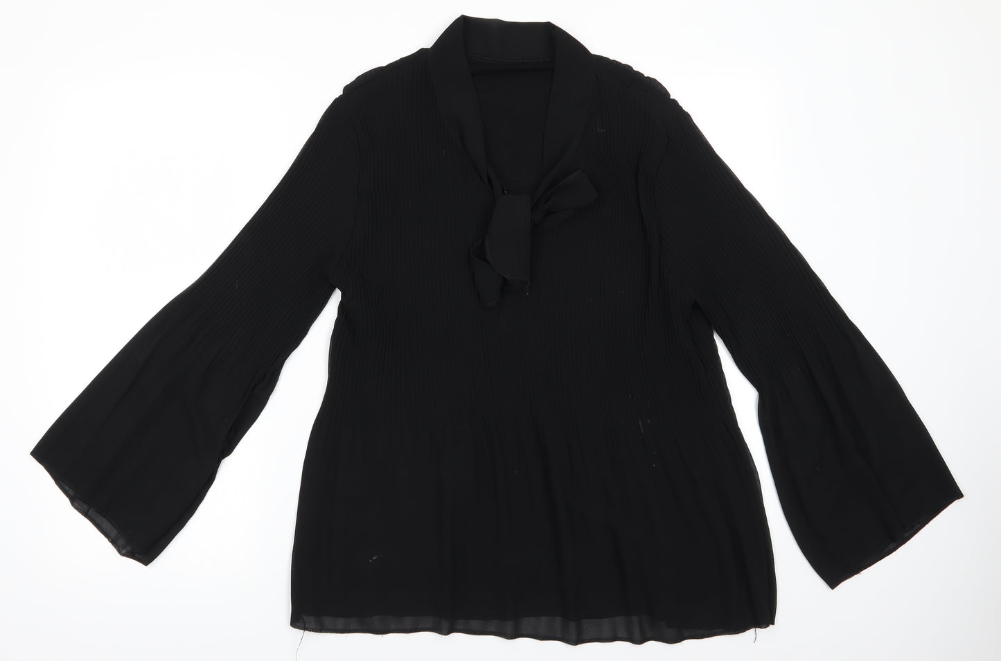 Preworn  Womens Black  Polyester Tunic Blouse  V-Neck - Semi sheer wide cuff arms Front neck tie Pleated effect