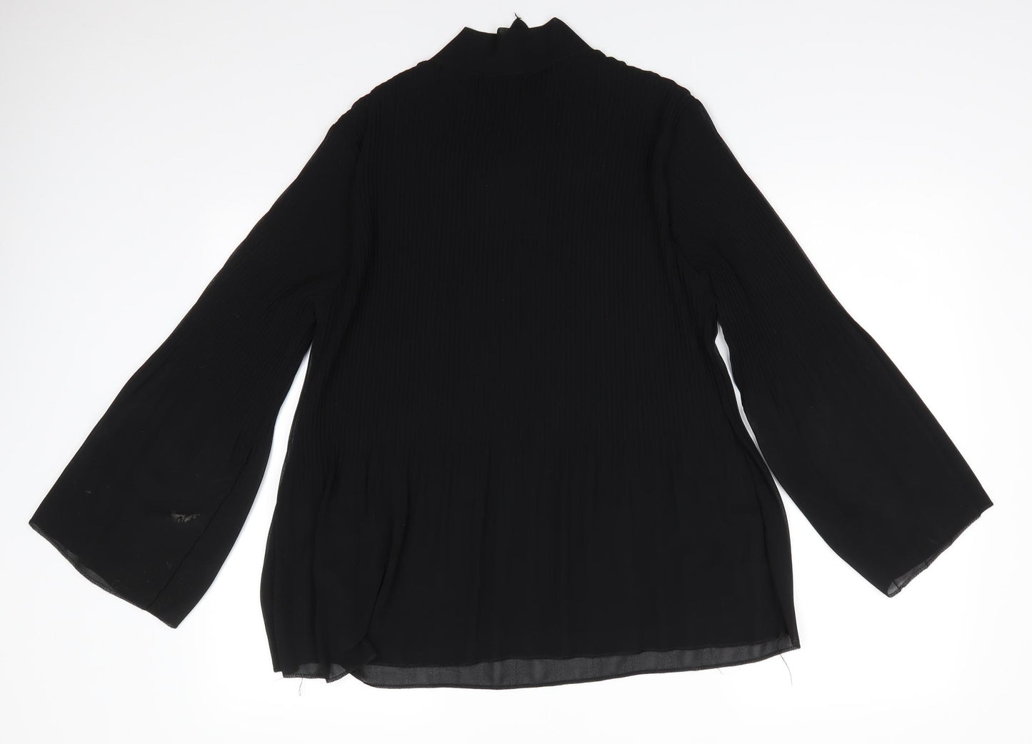 Preworn  Womens Black  Polyester Tunic Blouse  V-Neck - Semi sheer wide cuff arms Front neck tie Pleated effect