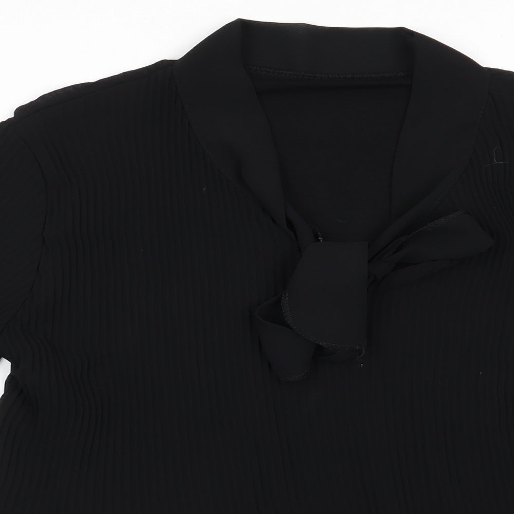 Preworn  Womens Black  Polyester Tunic Blouse  V-Neck - Semi sheer wide cuff arms Front neck tie Pleated effect