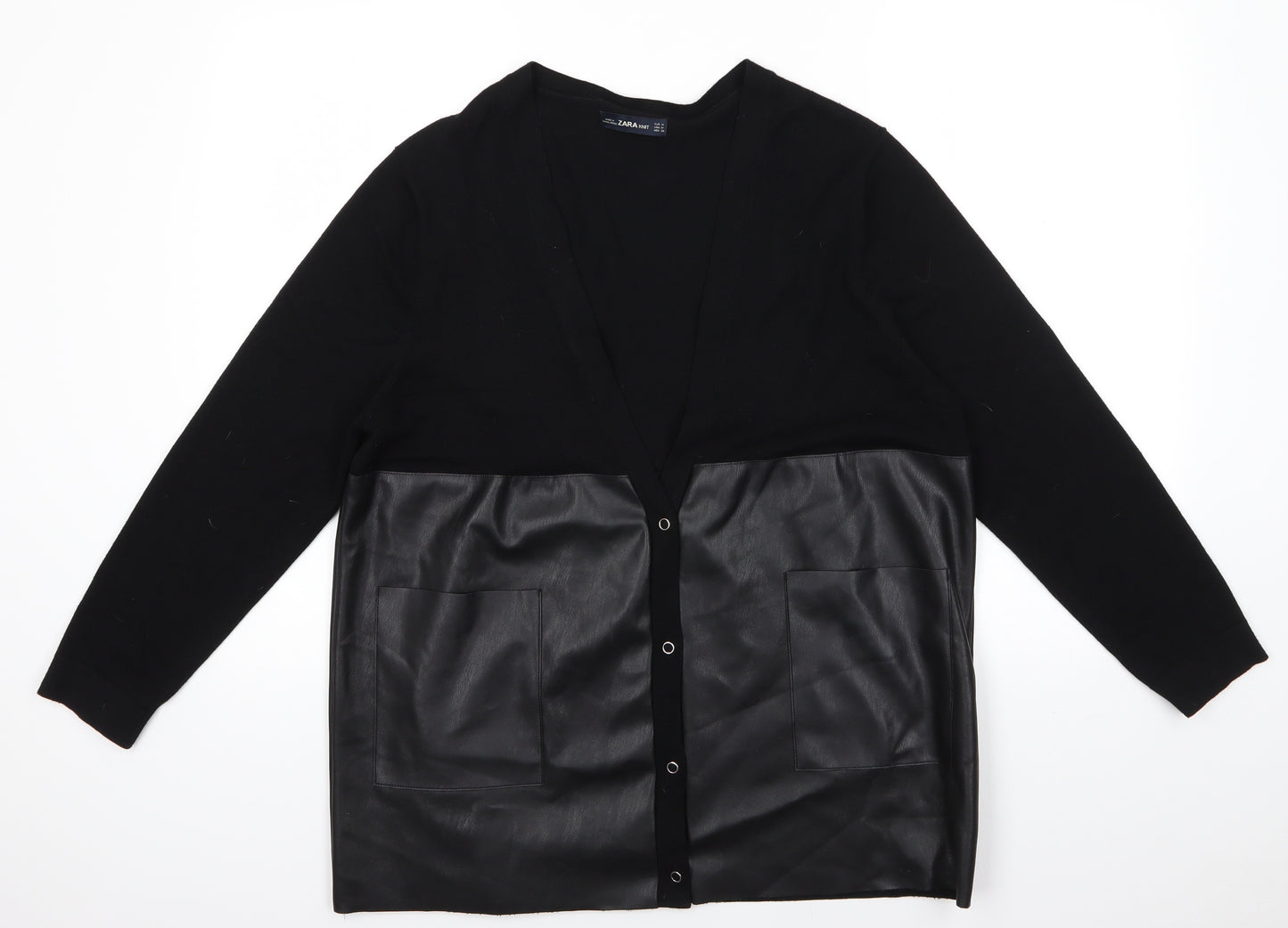 Zara Womens Black V-Neck  Polyester Cardigan Jumper Size 10   - Faux Leather & Knit Colour block Snapper fastenings