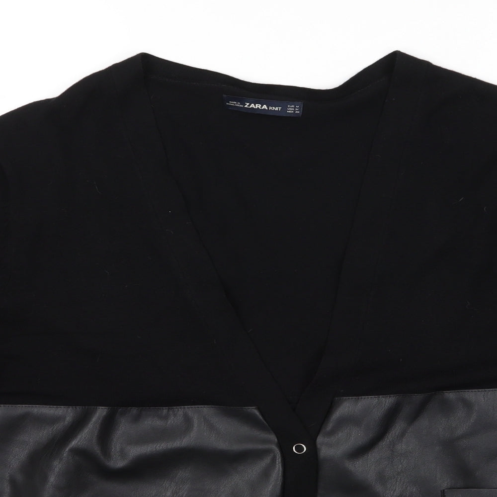 Zara Womens Black V-Neck  Polyester Cardigan Jumper Size 10   - Faux Leather & Knit Colour block Snapper fastenings