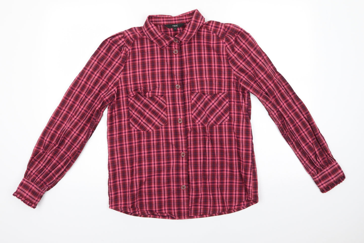 NEXT Womens Pink Check Cotton Basic Button-Up Size 12 Collared - Pinks Browns Burgandy small checksLightly gathered shoulders Frilled cuffs