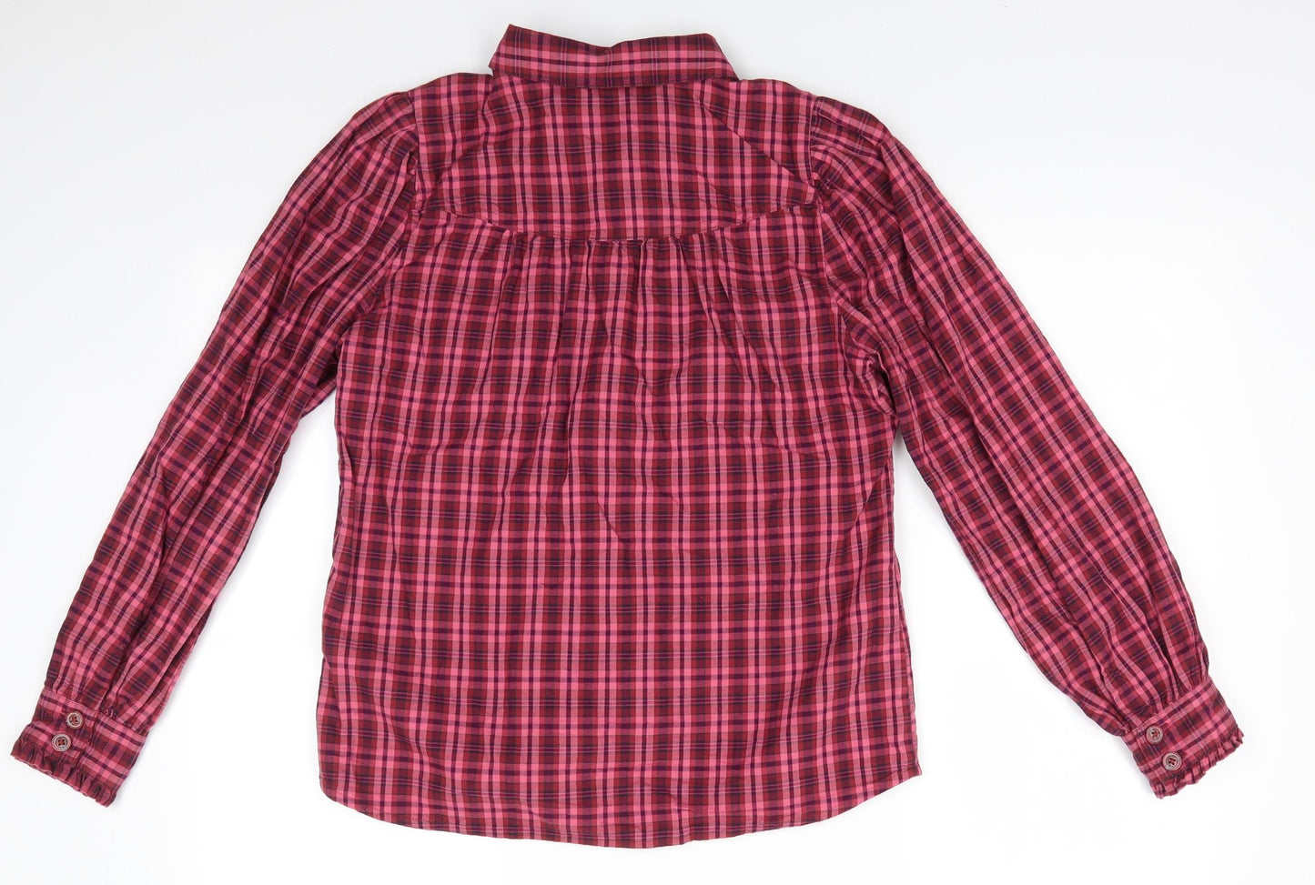 NEXT Womens Pink Check Cotton Basic Button-Up Size 12 Collared - Pinks Browns Burgandy small checksLightly gathered shoulders Frilled cuffs