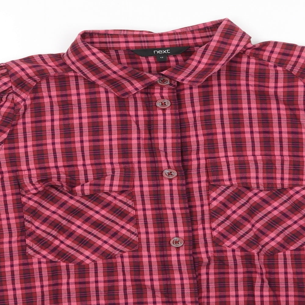 NEXT Womens Pink Check Cotton Basic Button-Up Size 12 Collared - Pinks Browns Burgandy small checksLightly gathered shoulders Frilled cuffs