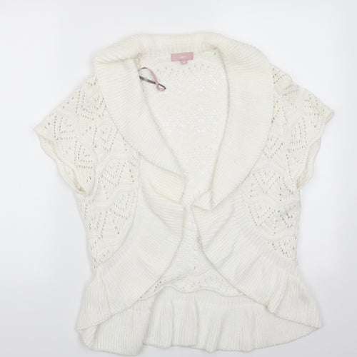 Soon Womens Ivory V-Neck Geometric Cotton Cardigan Jumper Size 18   - Open Knit Frill trim