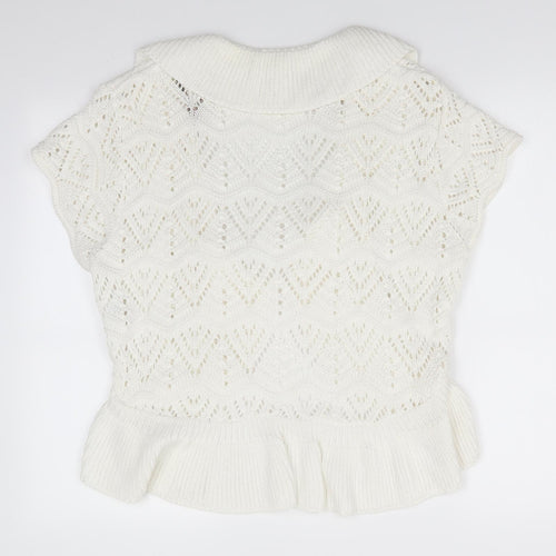 Soon Womens Ivory V-Neck Geometric Cotton Cardigan Jumper Size 18   - Open Knit Frill trim