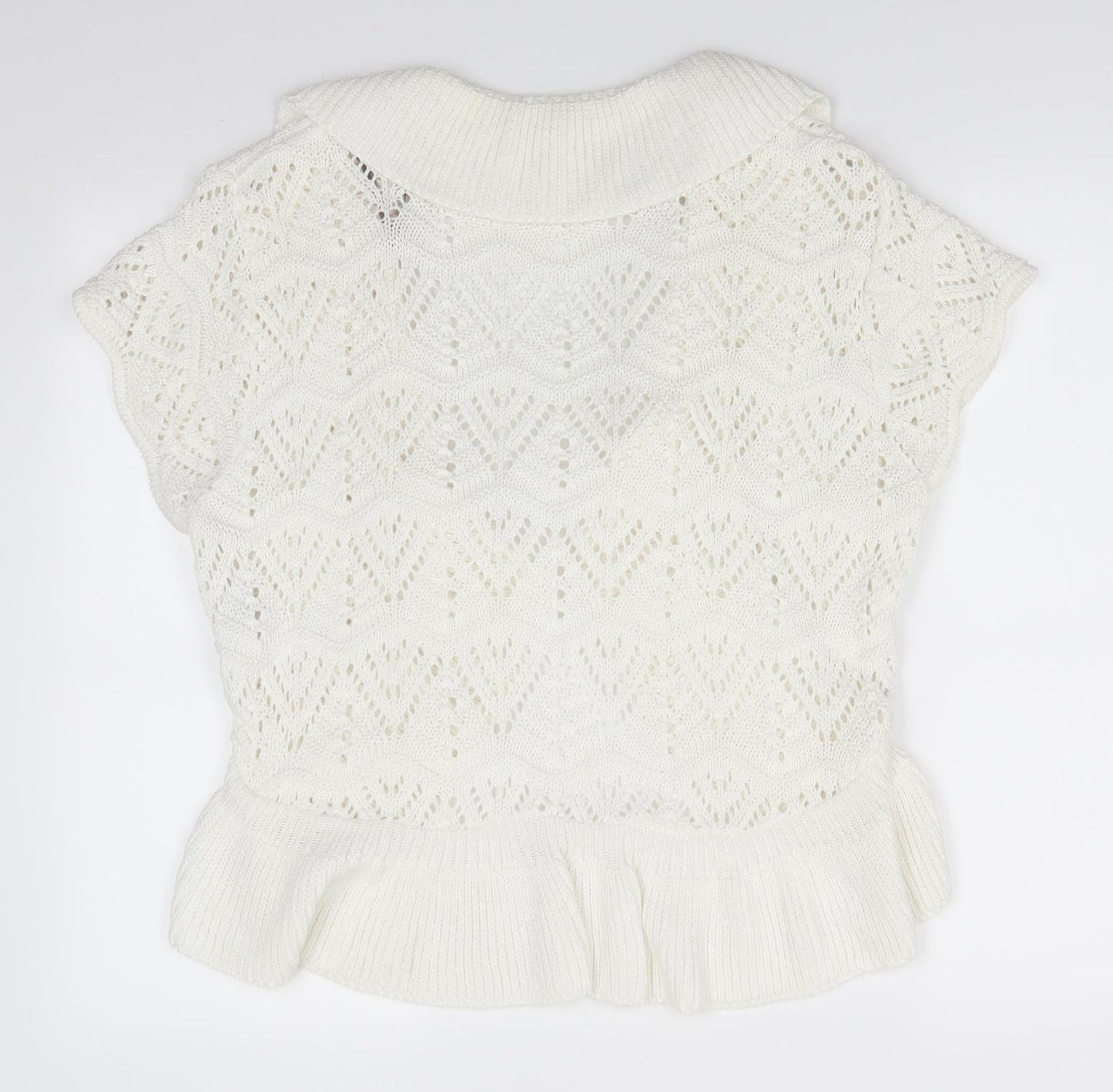 Soon Womens Ivory V-Neck Geometric Cotton Cardigan Jumper Size 18   - Open Knit Frill trim