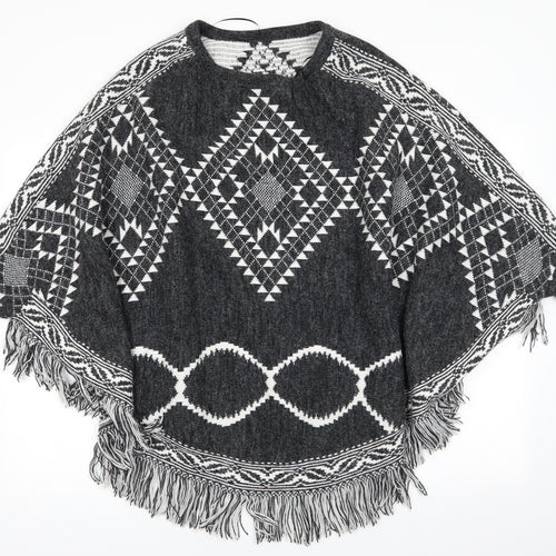 George Womens Grey Geometric  Overcoat Poncho Size M   - Poncho with sleeves Charcoal Grey White Mix