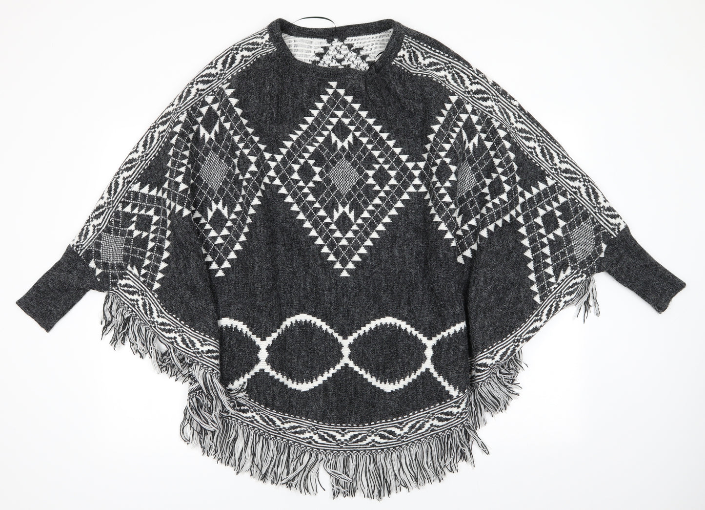 George Womens Grey Geometric  Overcoat Poncho Size M   - Poncho with sleeves Charcoal Grey White Mix