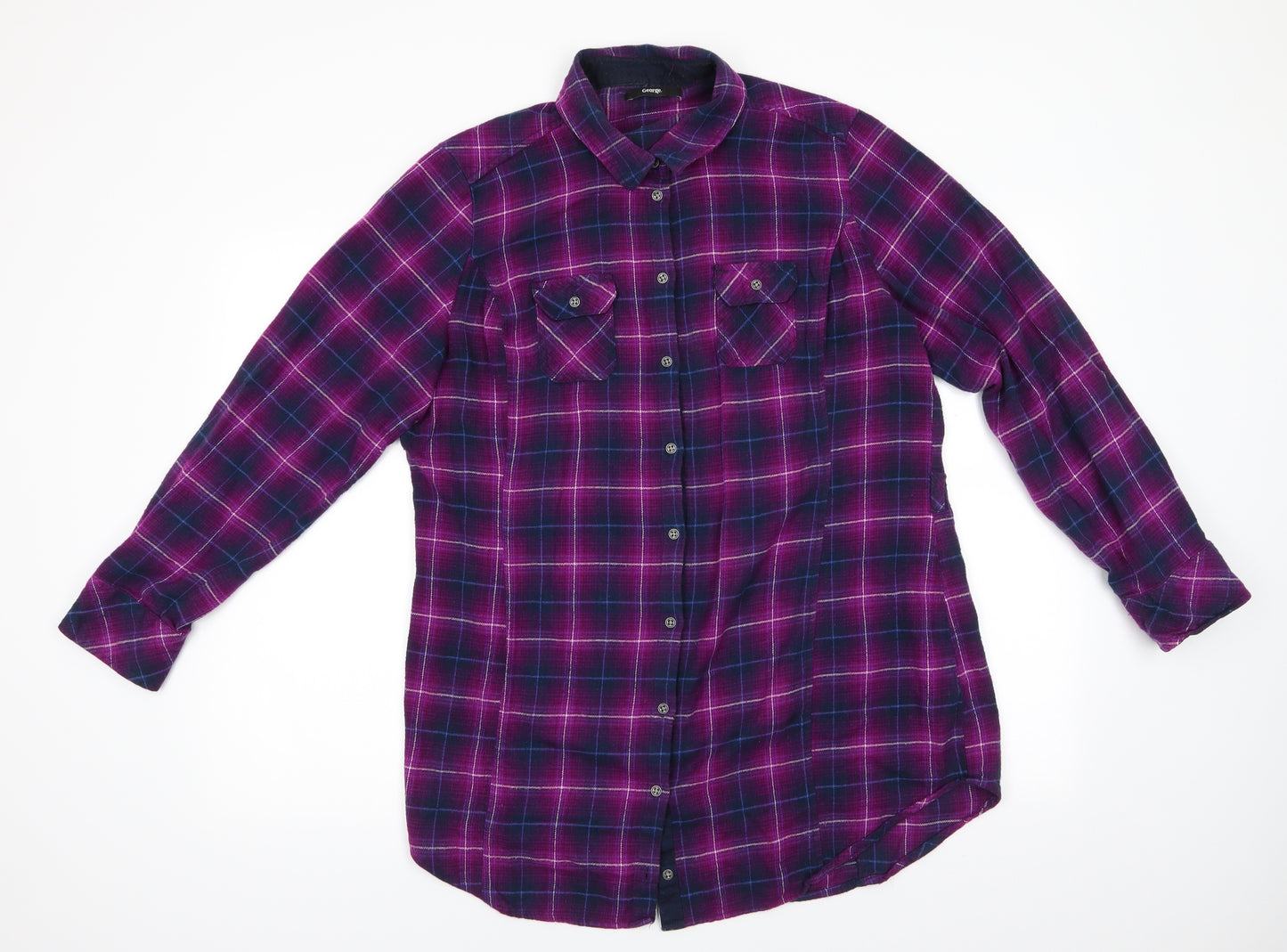 George  Womens Purple Check Cotton Basic Button-Up Size 18 Collared - Purple Blue Mix Adjustable Length Sleeves Metal buttons