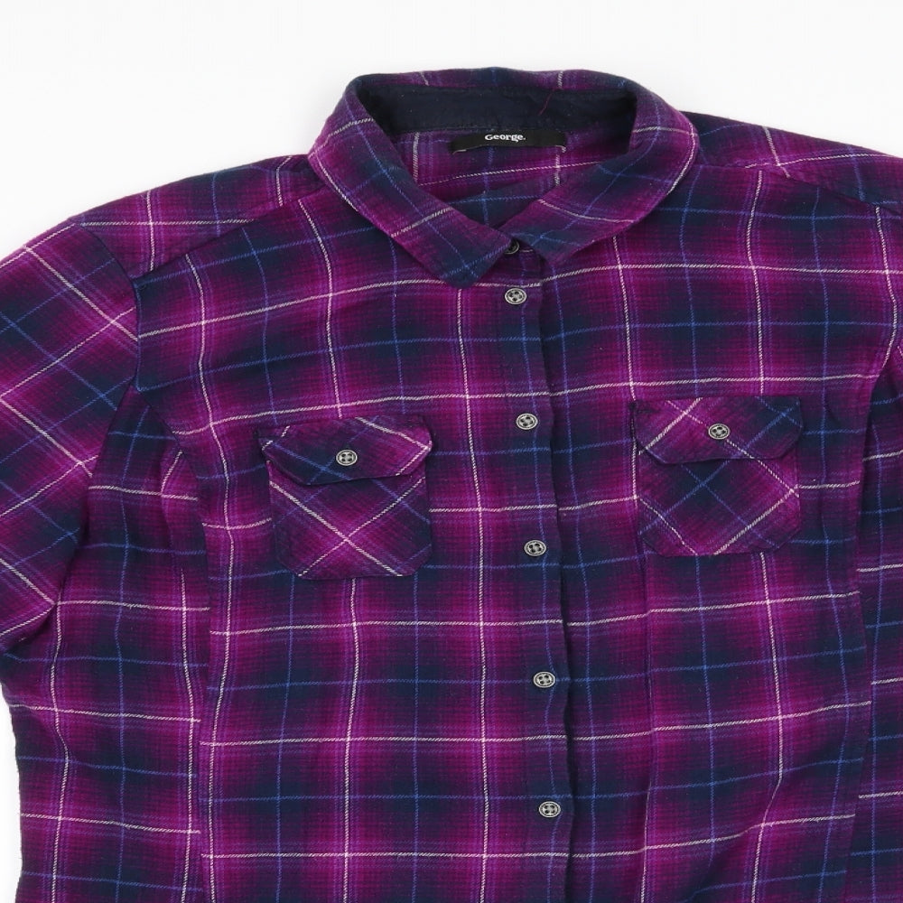 George  Womens Purple Check Cotton Basic Button-Up Size 18 Collared - Purple Blue Mix Adjustable Length Sleeves Metal buttons