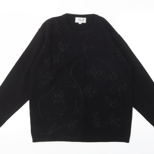Akal Womens Black Round Neck Floral Acrylic Pullover Jumper Size S