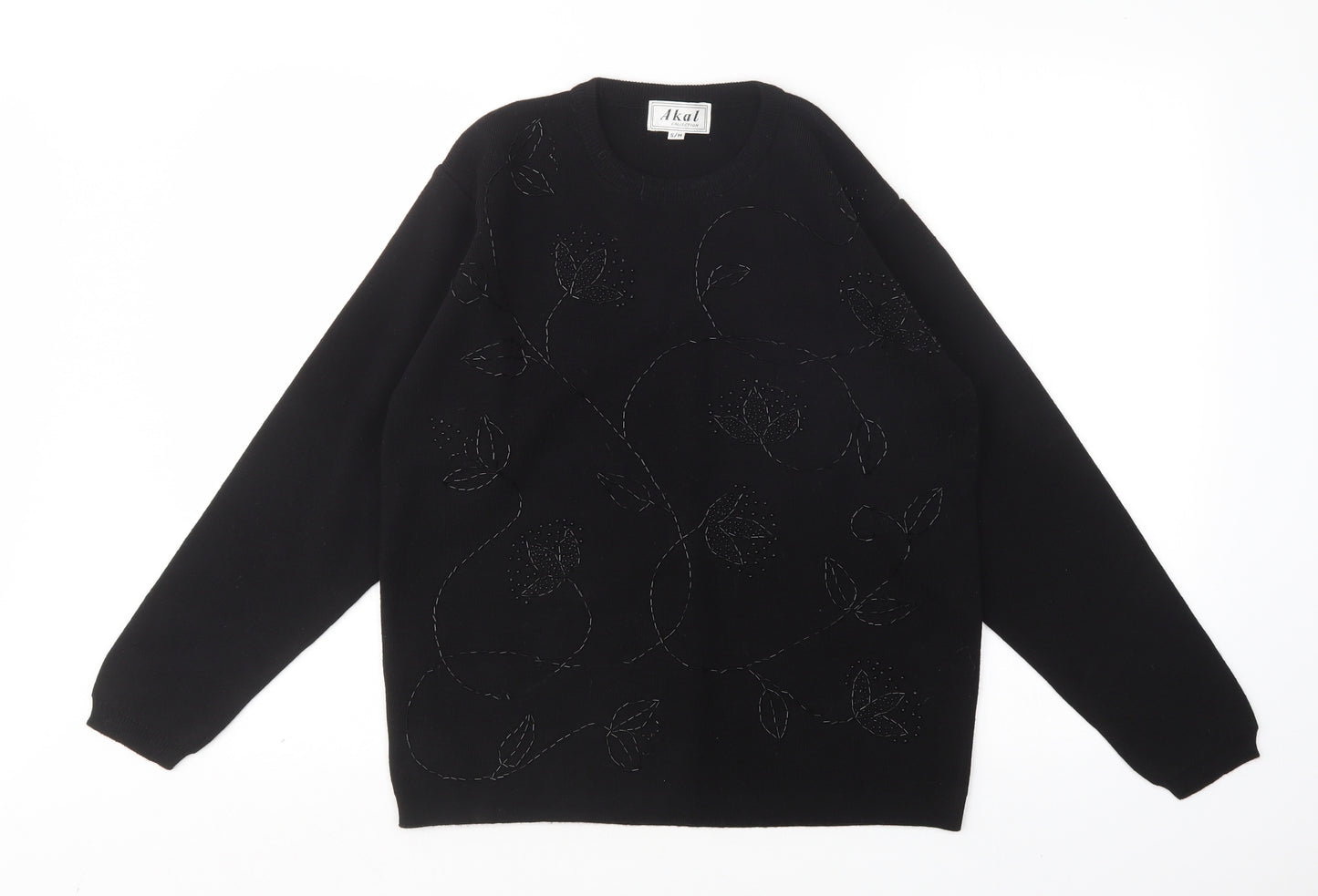 Akal Womens Black Round Neck Floral Acrylic Pullover Jumper Size S