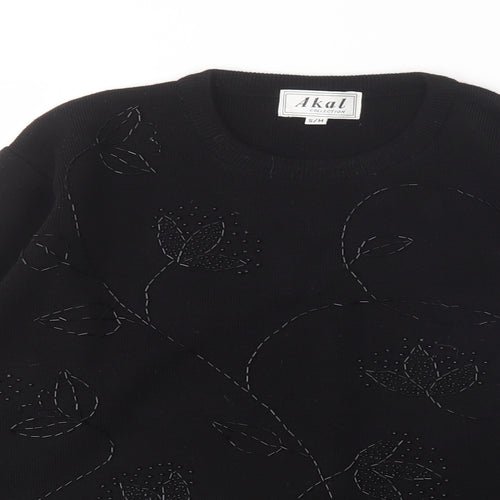 Akal Womens Black Round Neck Floral Acrylic Pullover Jumper Size S
