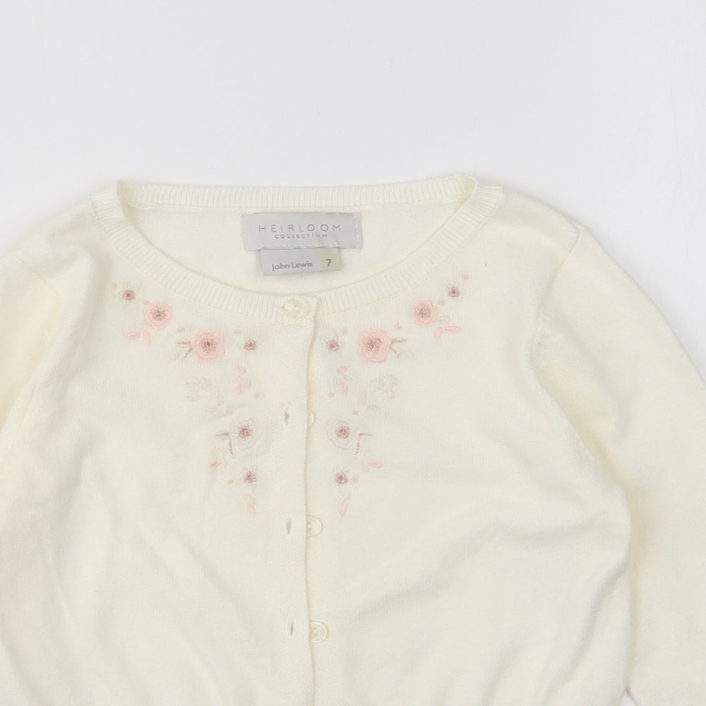John Lewis Girls Ivory Round Neck Floral Cotton Cardigan Jumper Size 7 Years