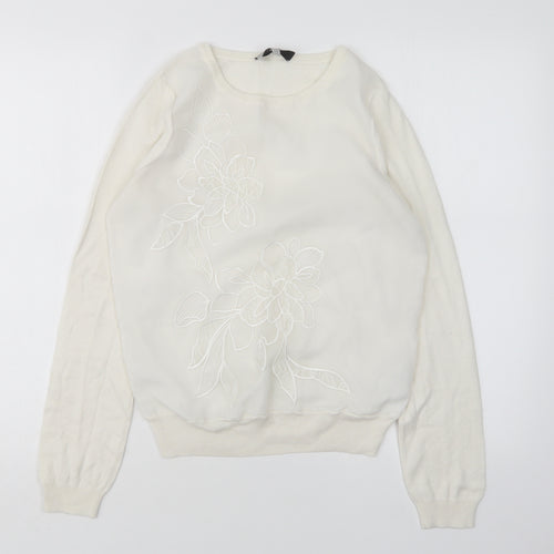 Coast Womens White Round Neck Floral Polyamide Pullover Jumper Size XS