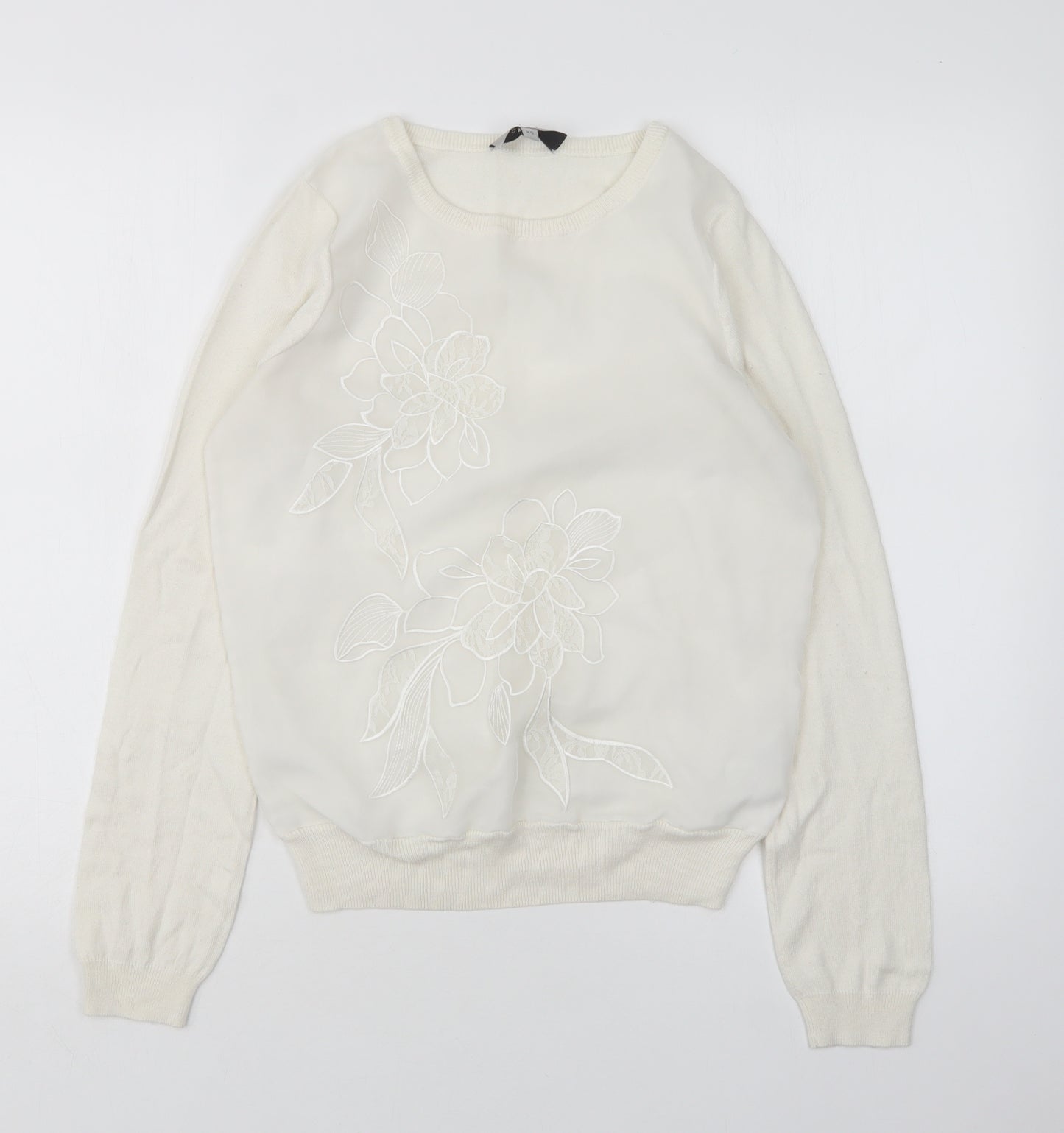 Coast Womens White Round Neck Floral Polyamide Pullover Jumper Size XS