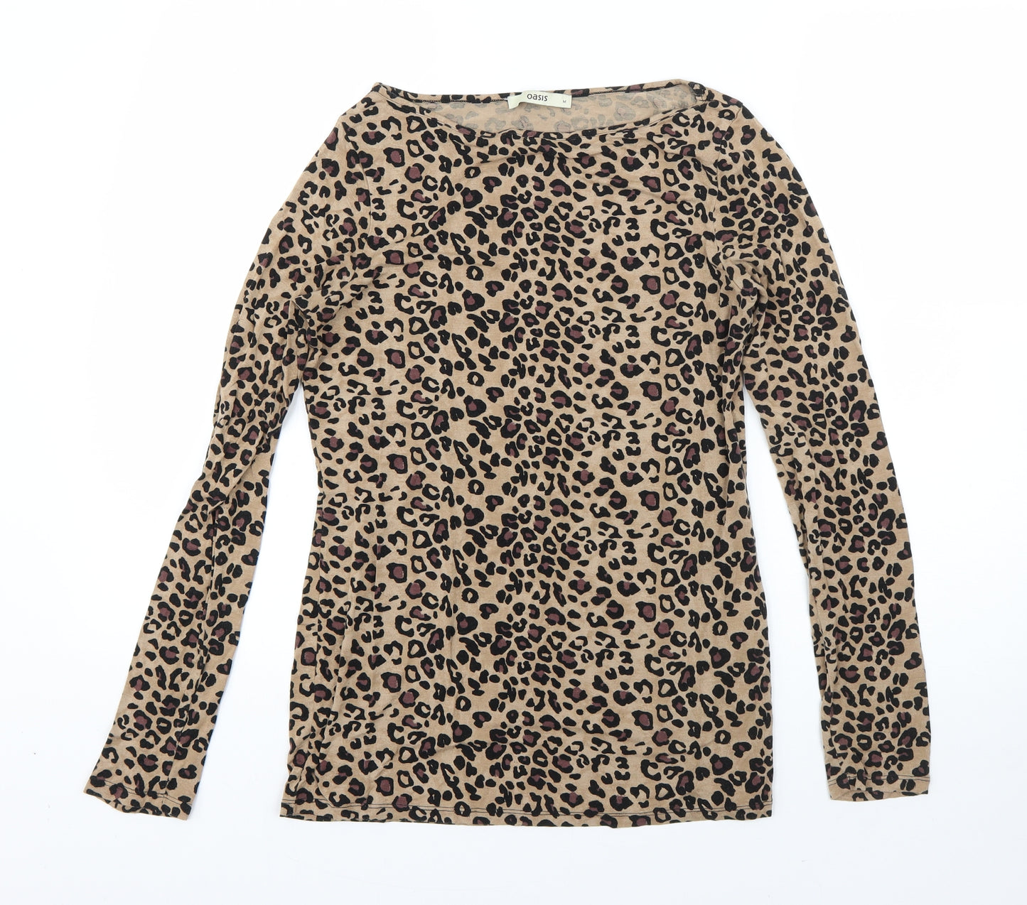 Oasis Womens Brown Animal Print Polyester Basic T-Shirt Size M Round Neck