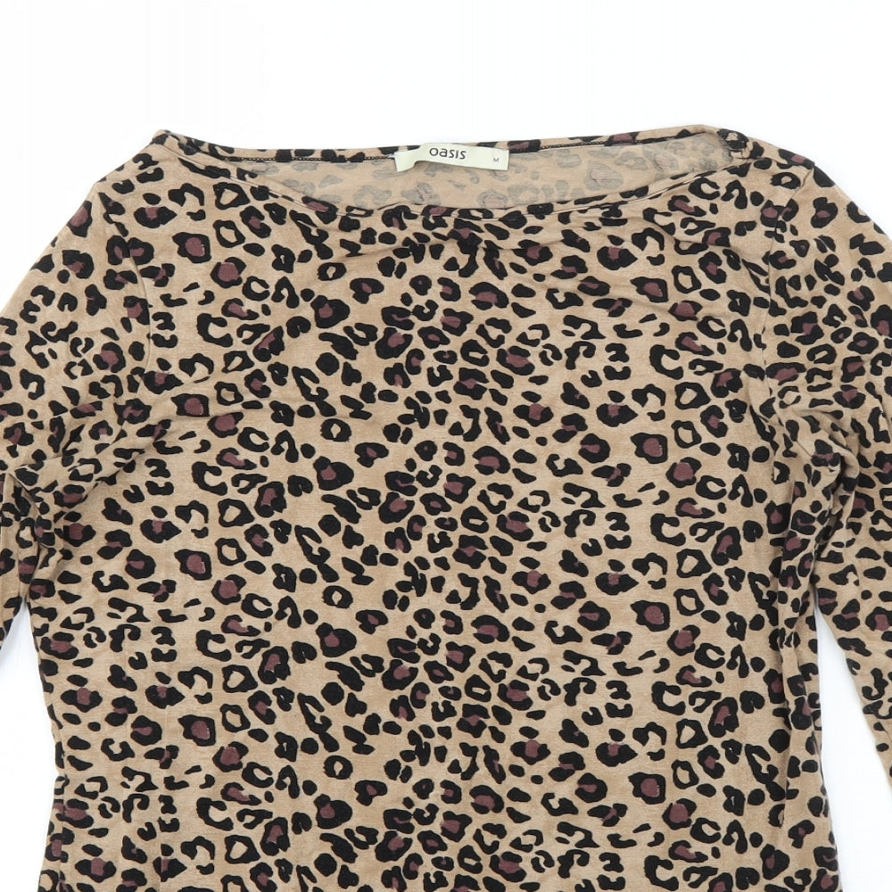 Oasis Womens Brown Animal Print Polyester Basic T-Shirt Size M Round Neck