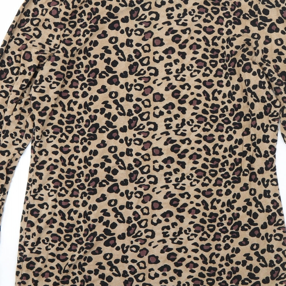 Oasis Womens Brown Animal Print Polyester Basic T-Shirt Size M Round Neck