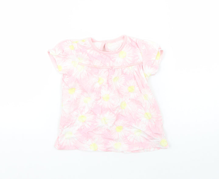 Nutmeg Girls Pink Floral Cotton Basic T-Shirt Size 9-12 Months Round Neck