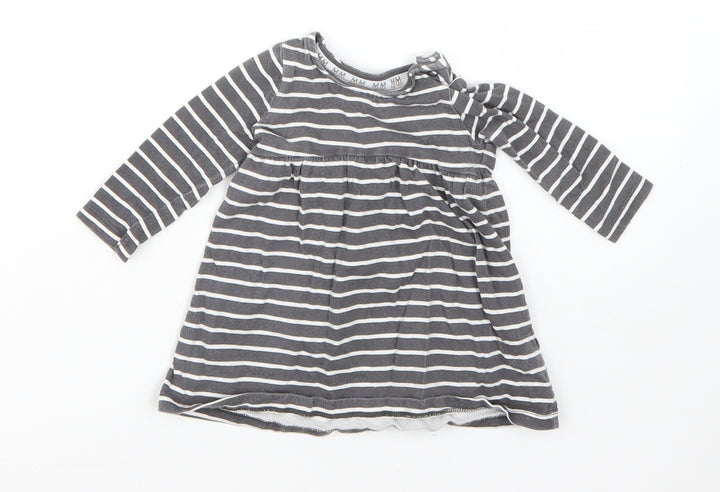 F&F Girls Grey Striped Cotton T-Shirt Dress  Size 0-3 Months  Round Neck