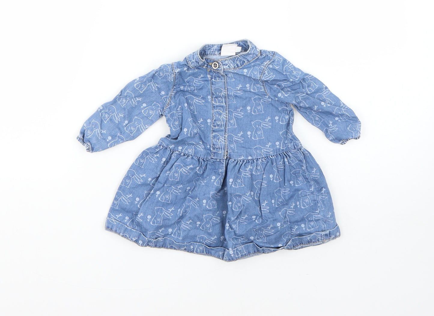 Mini Club Girls Blue  Cotton Shirt Dress  Size 0-3 Months  Round Neck  - rabbit