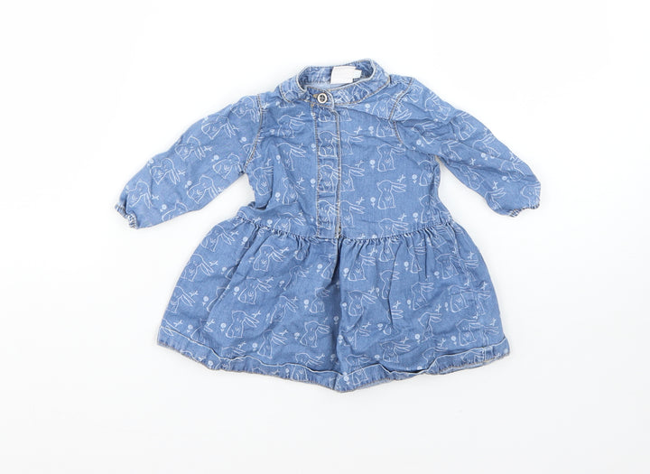 Mini Club Girls Blue Cotton Shirt Dress Size 0-3 Months Round Neck - rabbit