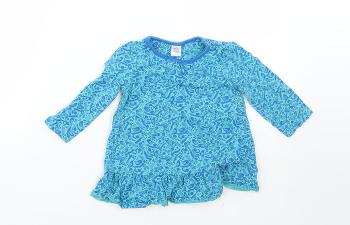Mini Clube Girls Blue Floral Cotton T-Shirt Dress Size 9-12 Months Round Neck