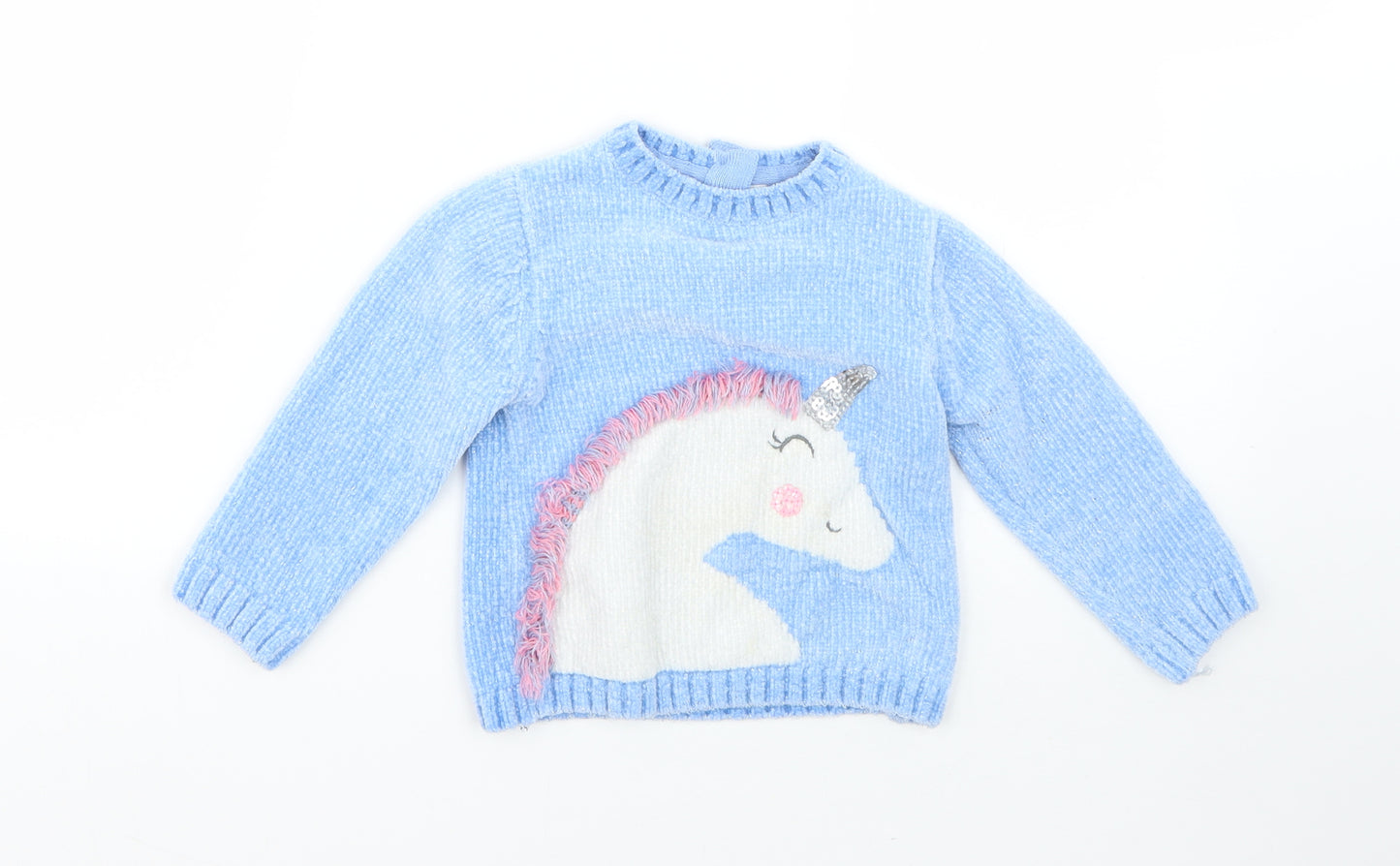 M&Co Girls Blue Round Neck  Polyester Pullover Jumper Size 2-3 Years   - unicorn
