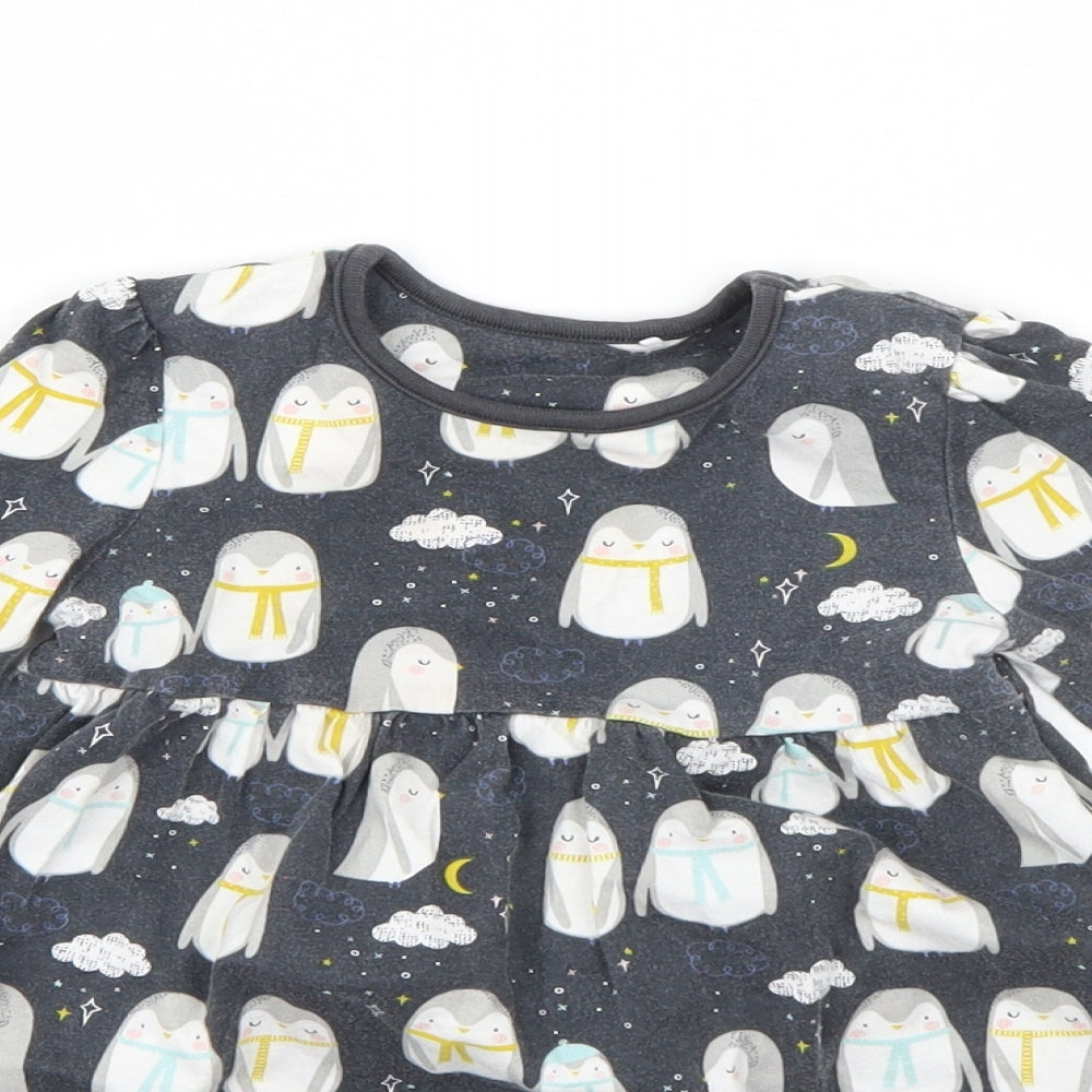 Mini Clube Girls Black  Cotton T-Shirt Dress  Size 2-3 Years  Round Neck  - penguins