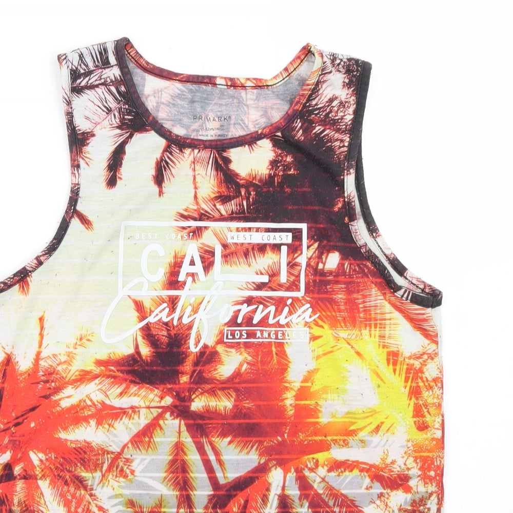 Primark Boys Orange  Polyester Basic Tank Size 11-12 Years Round Neck  - palm trees