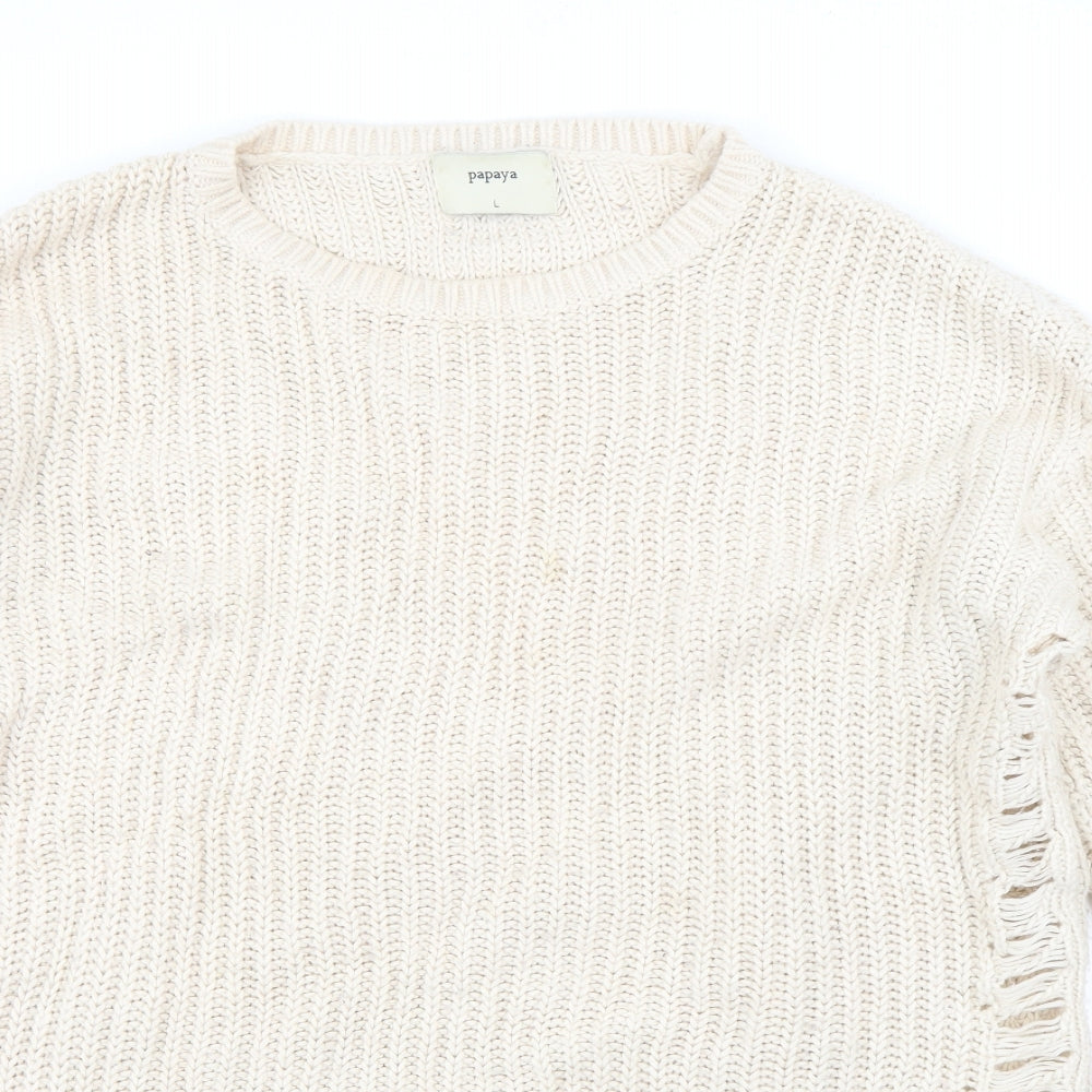Papaya Womens Beige Round Neck  Acrylic Pullover Jumper Size L
