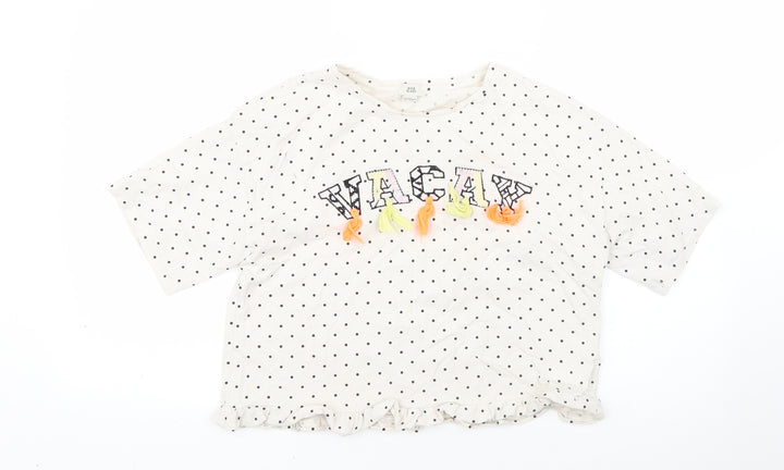 River Island Girls White Polka Dot Cotton Basic T-Shirt Size 11-12 Years Round Neck