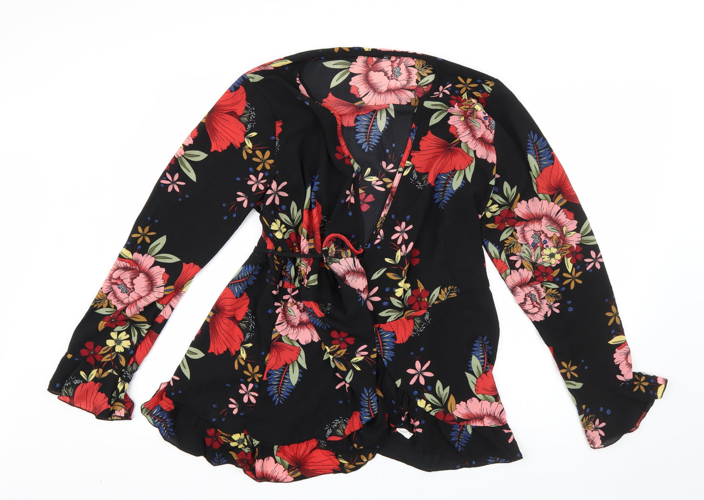 Boohoo Womens Black Round Neck Floral Polyester Cardigan Jumper Size 16