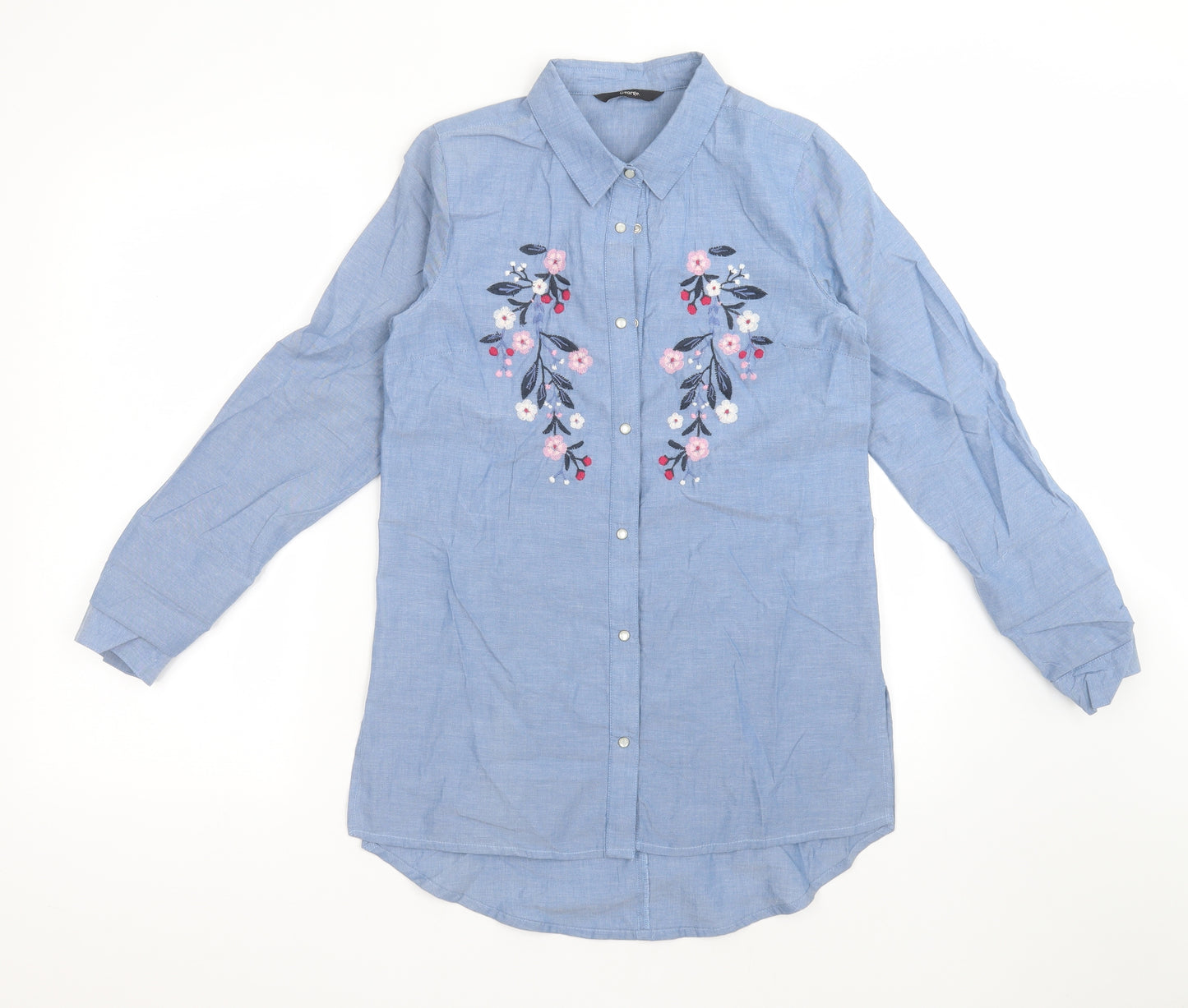 George Girls Blue Floral Cotton Basic Button-Up Size 12-13 Years Collared