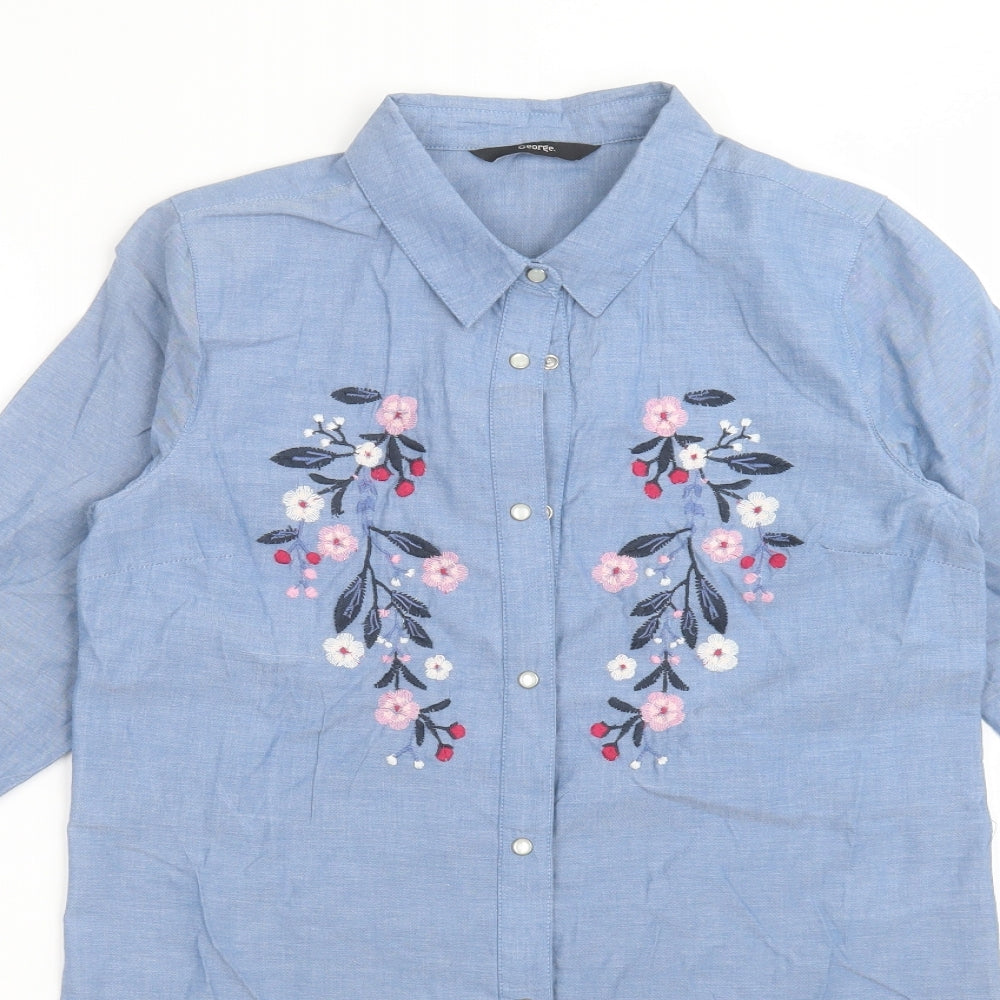 George Girls Blue Floral Cotton Basic Button-Up Size 12-13 Years Collared