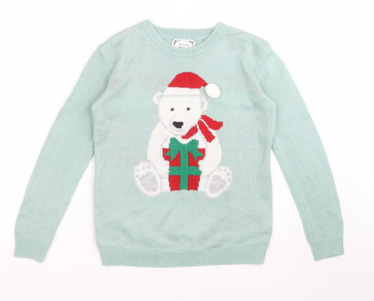 Front view of Atmosphere women’s green acrylic pullover sweatshirt, size XS, - polar bear christmas