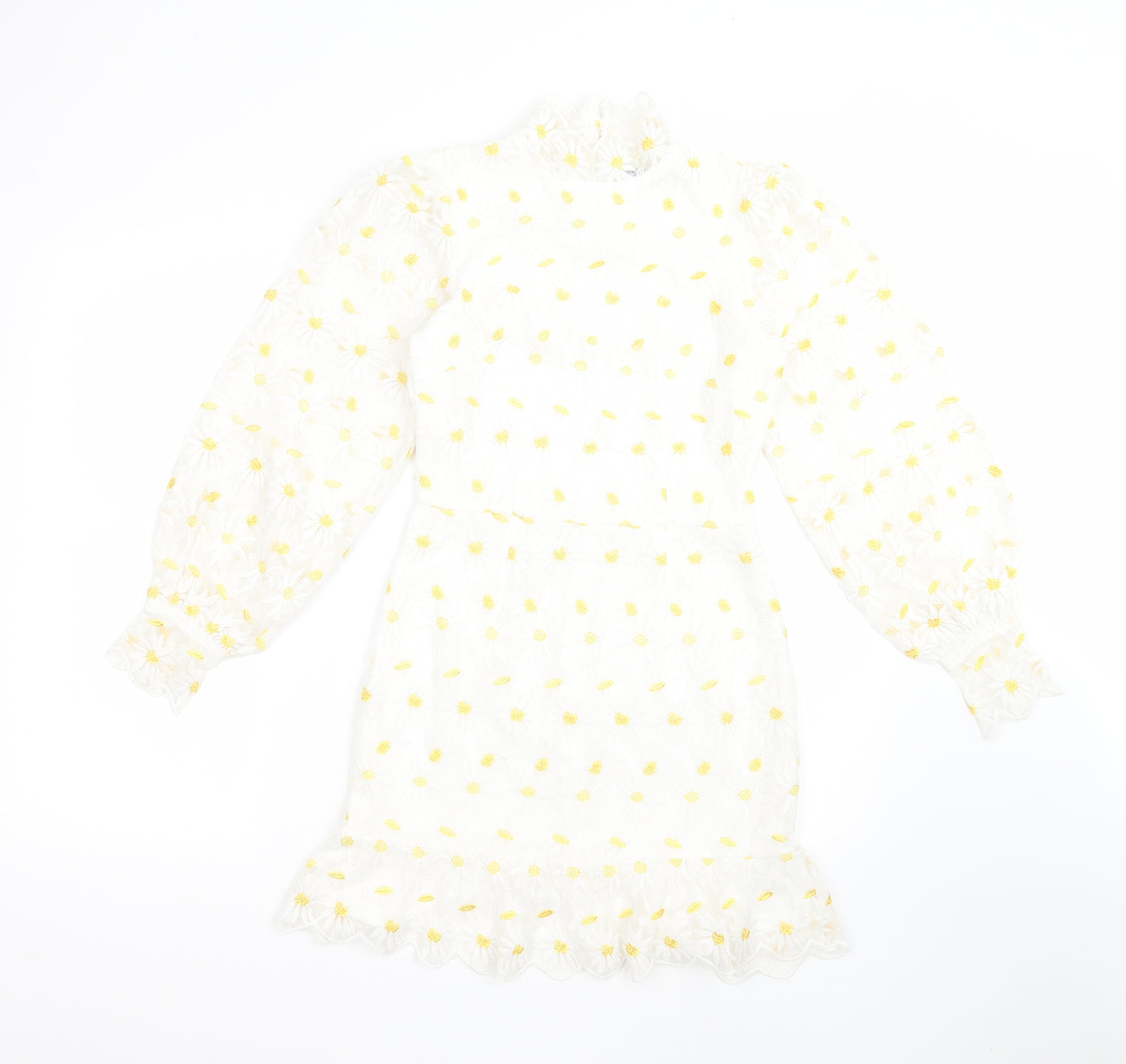 Boohoo Womens White Floral Polyester Fit & Flare  Size 6  Mock Neck