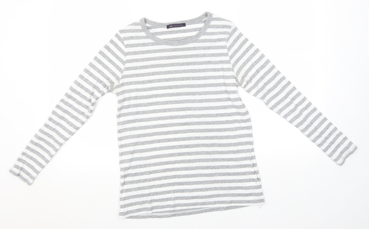 Marks and Spencer Womens Grey Round Neck Striped Cotton Pullover Jumper Size 14