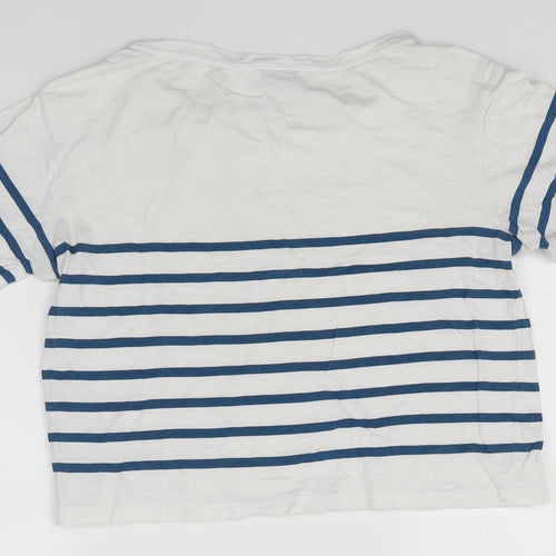 Preworn Womens White Striped  Basic T-Shirt  Round Neck