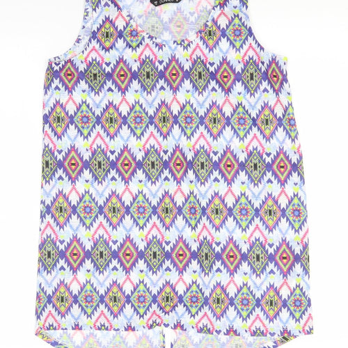 Dunnes Stores Womens Blue Geometric Polyester Basic Tank Size 10 Round Neck