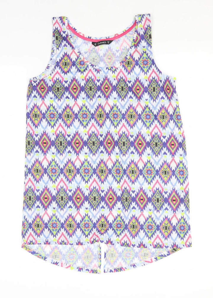 Dunnes Stores Womens Blue Geometric Polyester Basic Tank Size 10 Round Neck