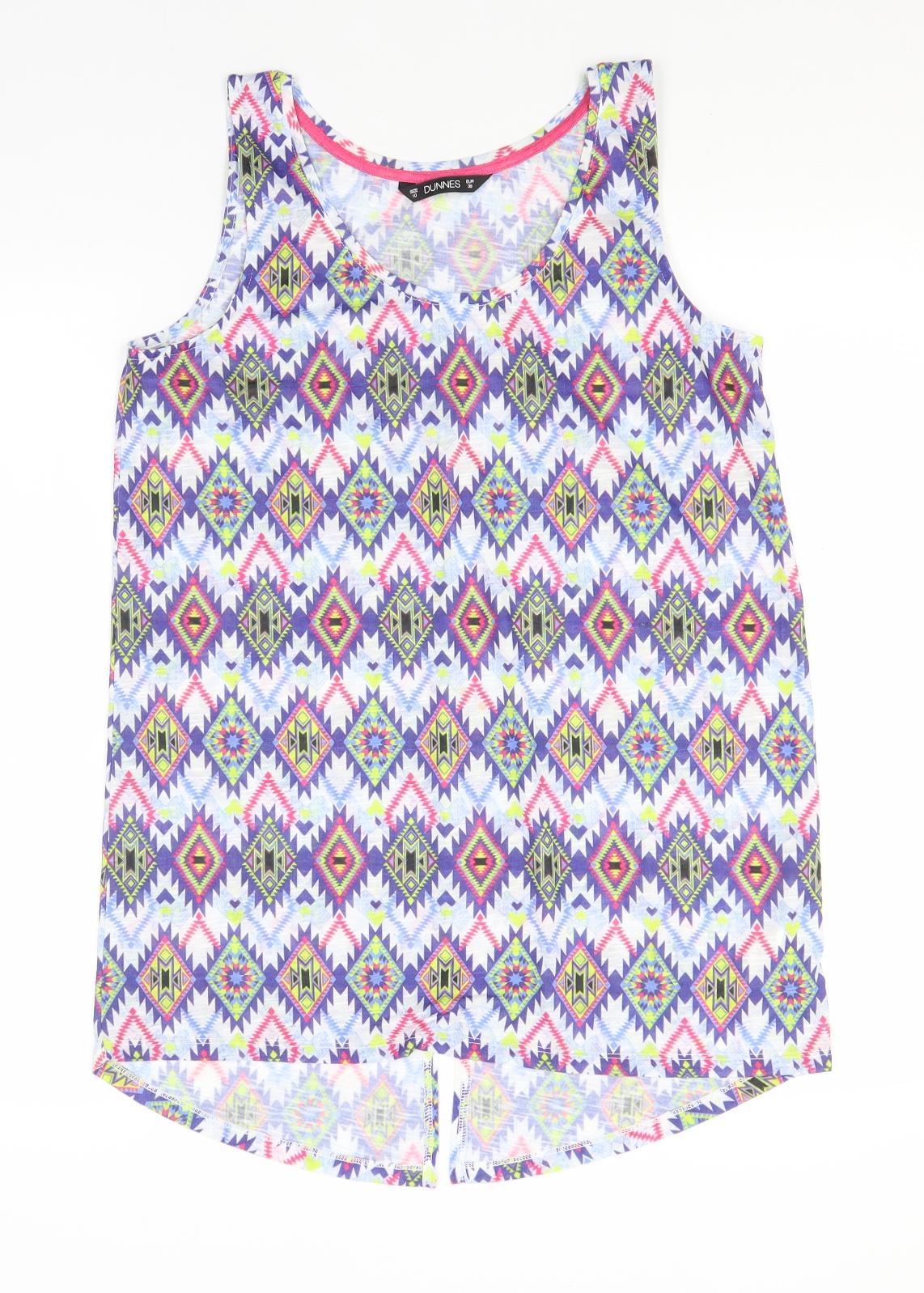 Dunnes Stores Womens Blue Geometric Polyester Basic Tank Size 10 Round Neck